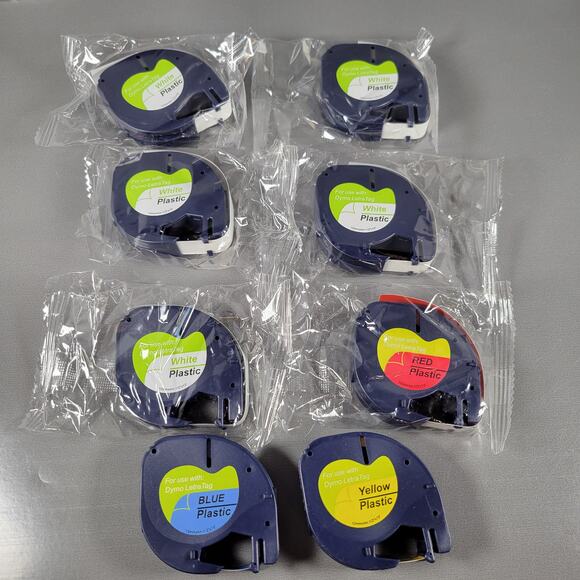 Dymo LetraTag Plastic Label Tapes 12mm Lot of 8 New & Used White Red Blue Yellow - Picture 1 of 7